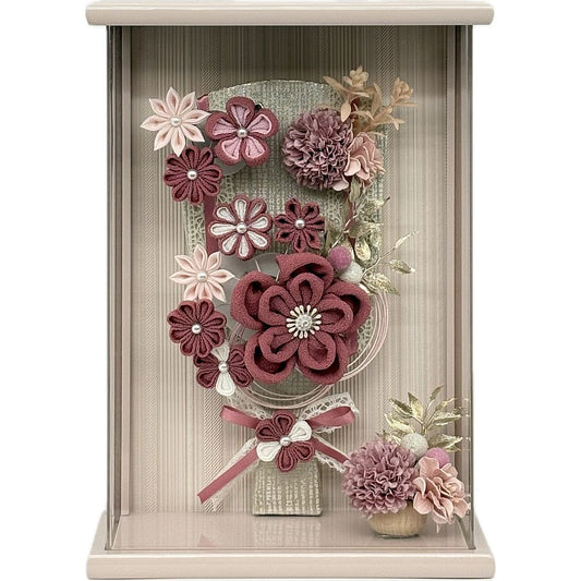 7号　アクリルライラック額入り　つまみ羽子板　あずき 花飾り付き